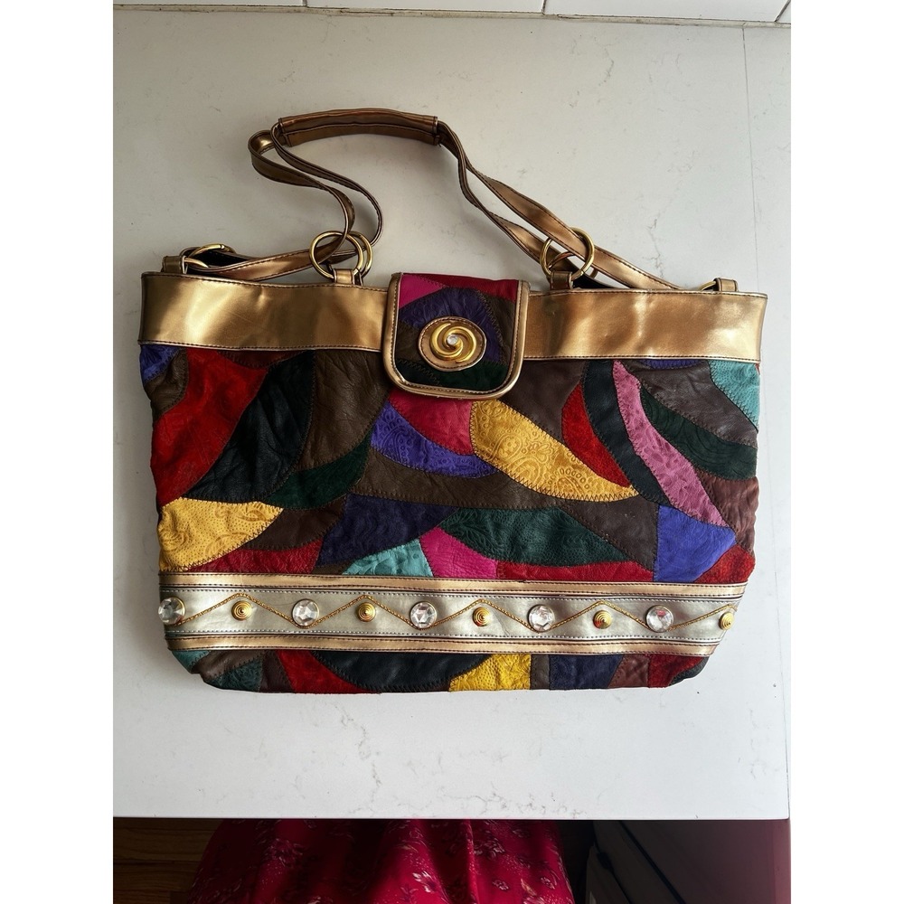 Classic 1980s VTG Purse Colorful Patchwork Tote Rainbow Rhinestone Art To Wear